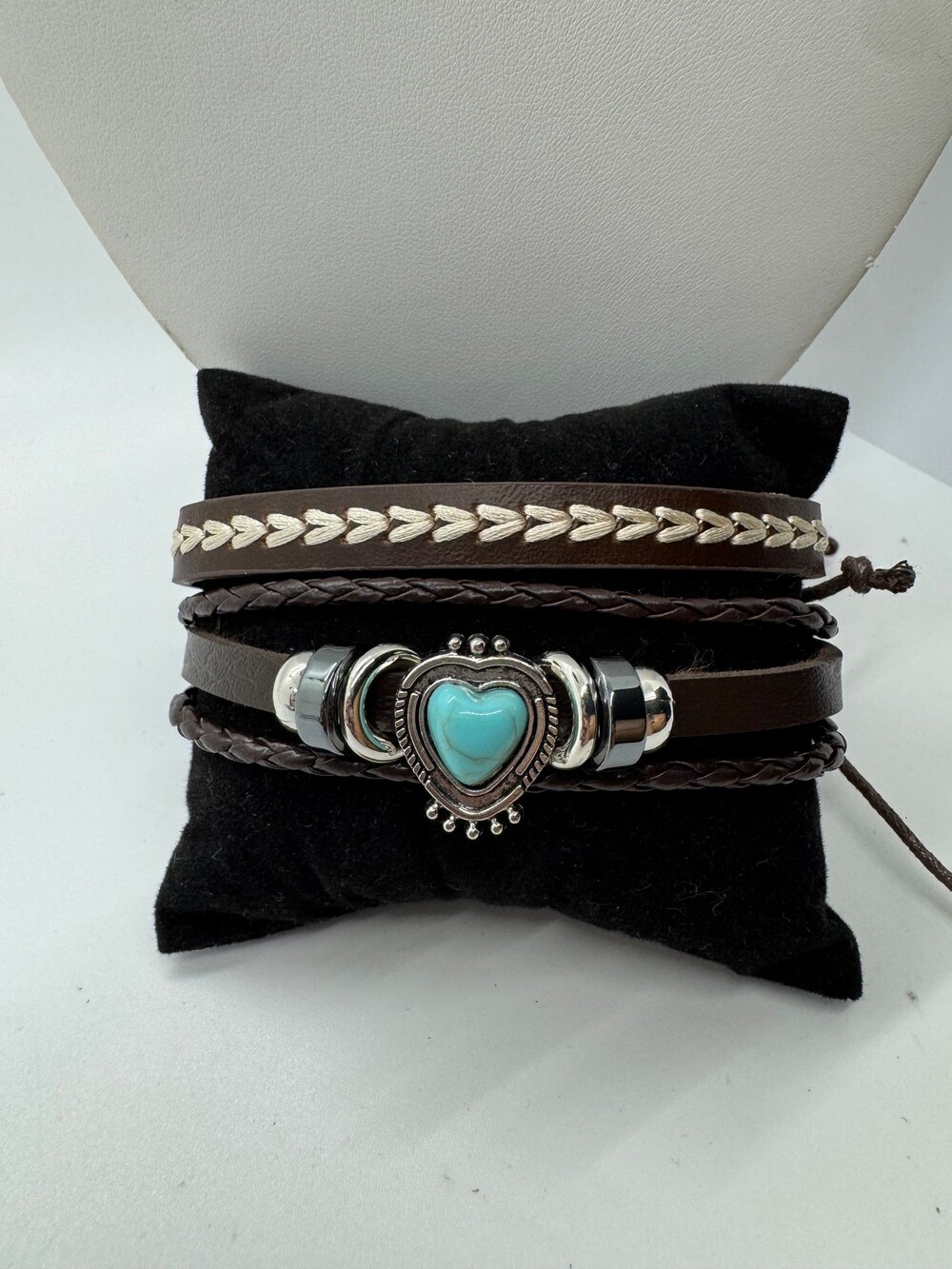 Brown Leather Multi-Layer Bracelet with Turquoise Heart Charm and Silver Tone Ac